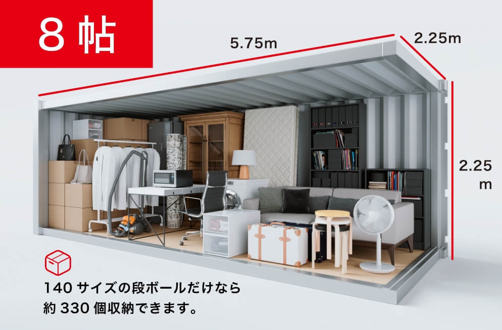 8帖 140サイズの段ボールだけなら約330個収納できます。