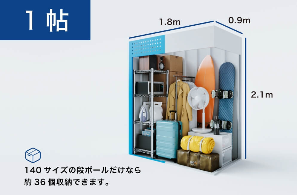 1帖 140サイズの段ボールだけなら約36個収納できます。