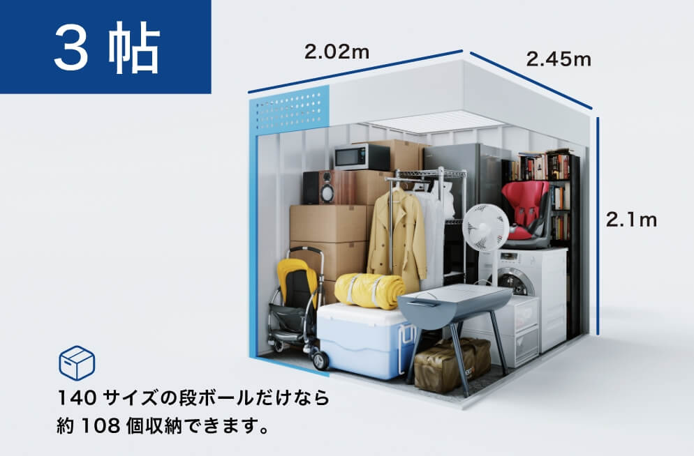 3帖 140サイズの段ボールだけなら約108個収納できます。