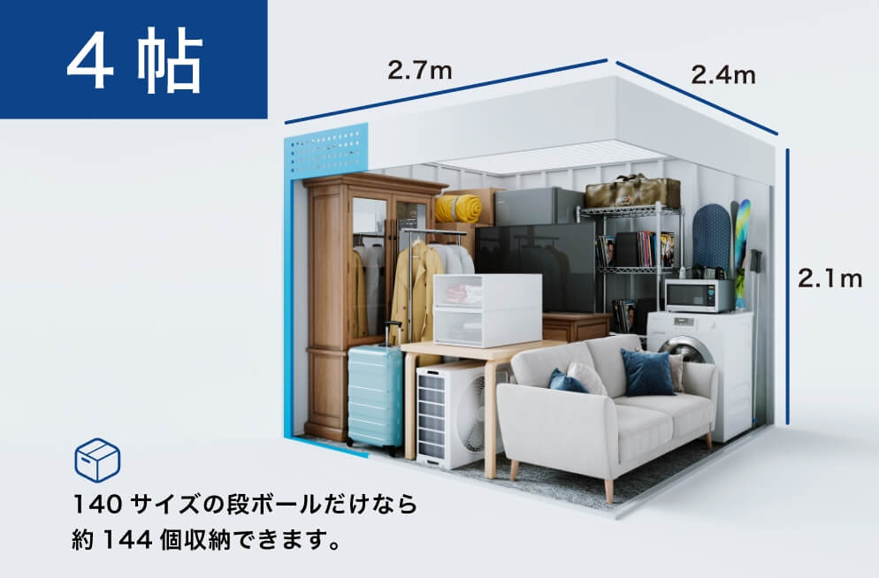 4帖 140サイズの段ボールだけなら約144個収納できます。